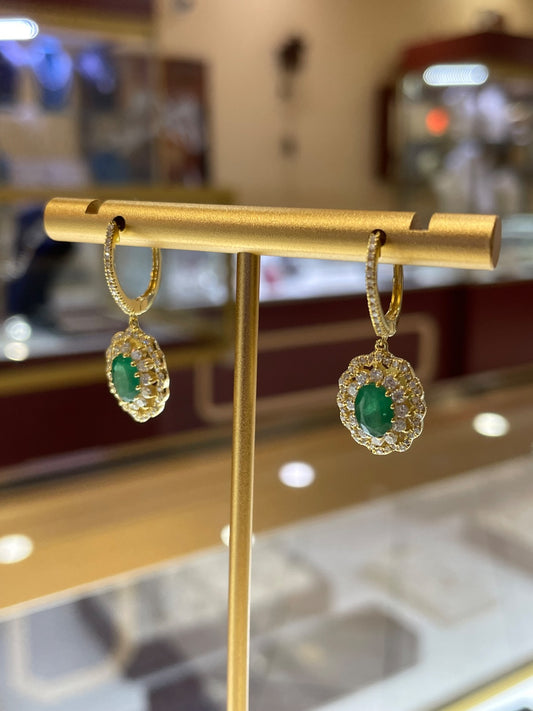14K Yellow Gold  Earring with Emerald and Diamond