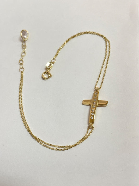 14K Yellow Gold Cross Bracelet with CZ
