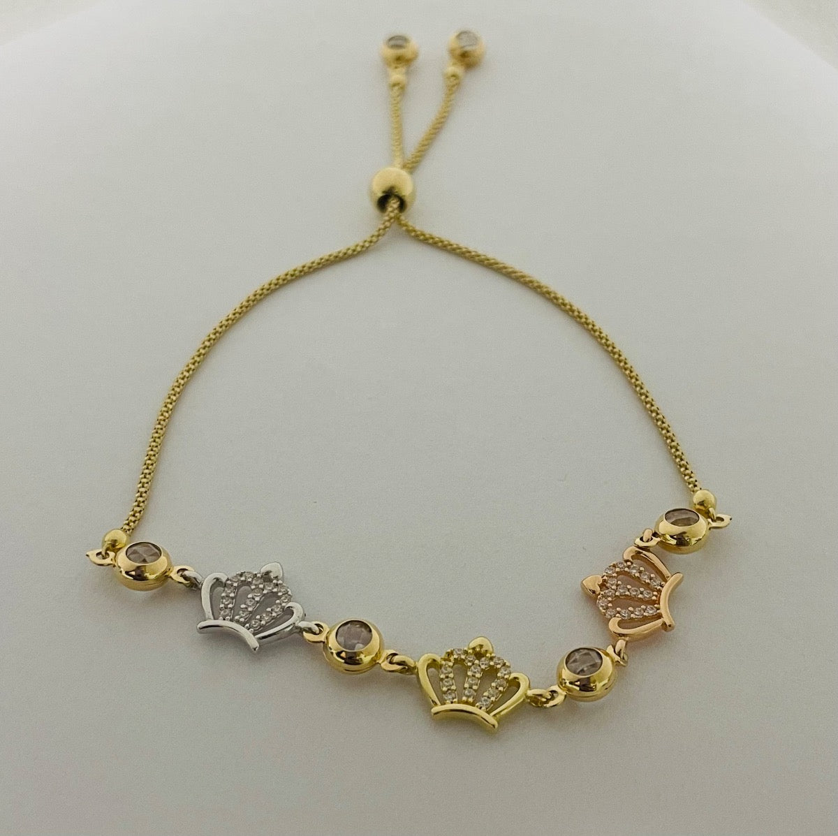 14K Tri-Tone Gold Crown Bracelet with CZ