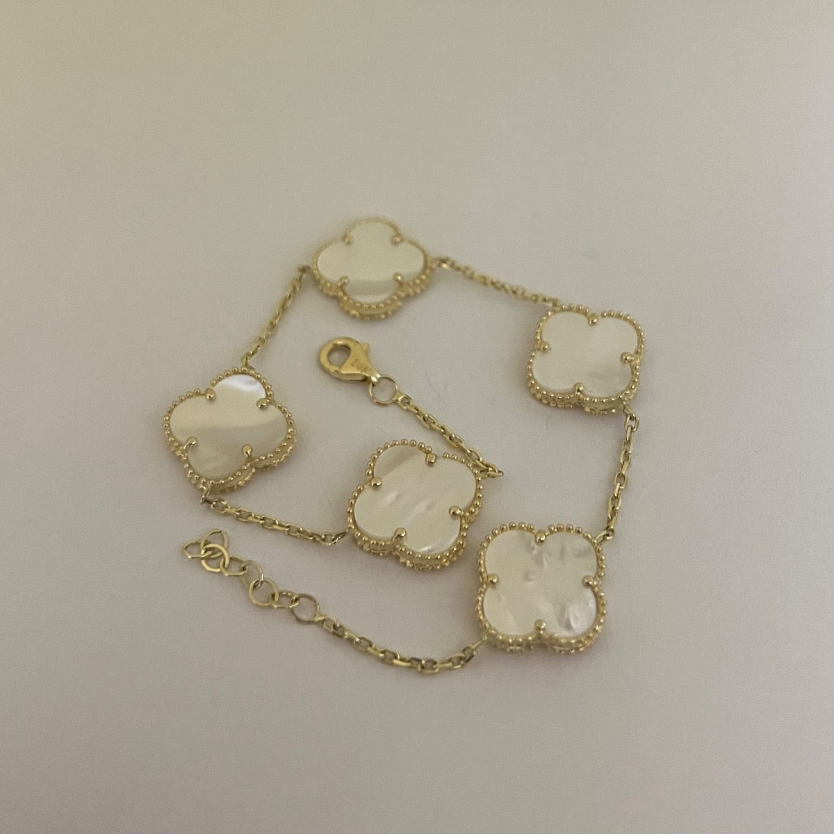 14K Yellow Gold White Four Leaf Clover  Bracelet with CZ