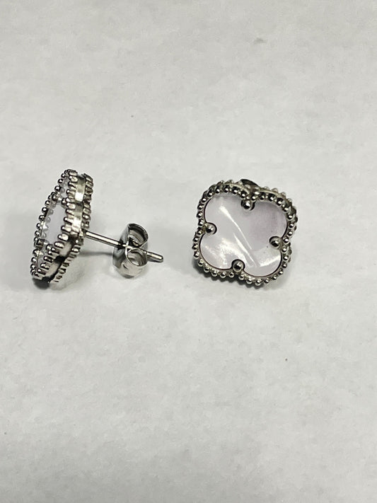 White Silver Clover White  Earring with CZ