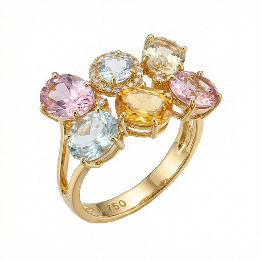 18K Yellow Gold  Ring with Diamond, Amethyst, Topaz, Citrine and Green Gold