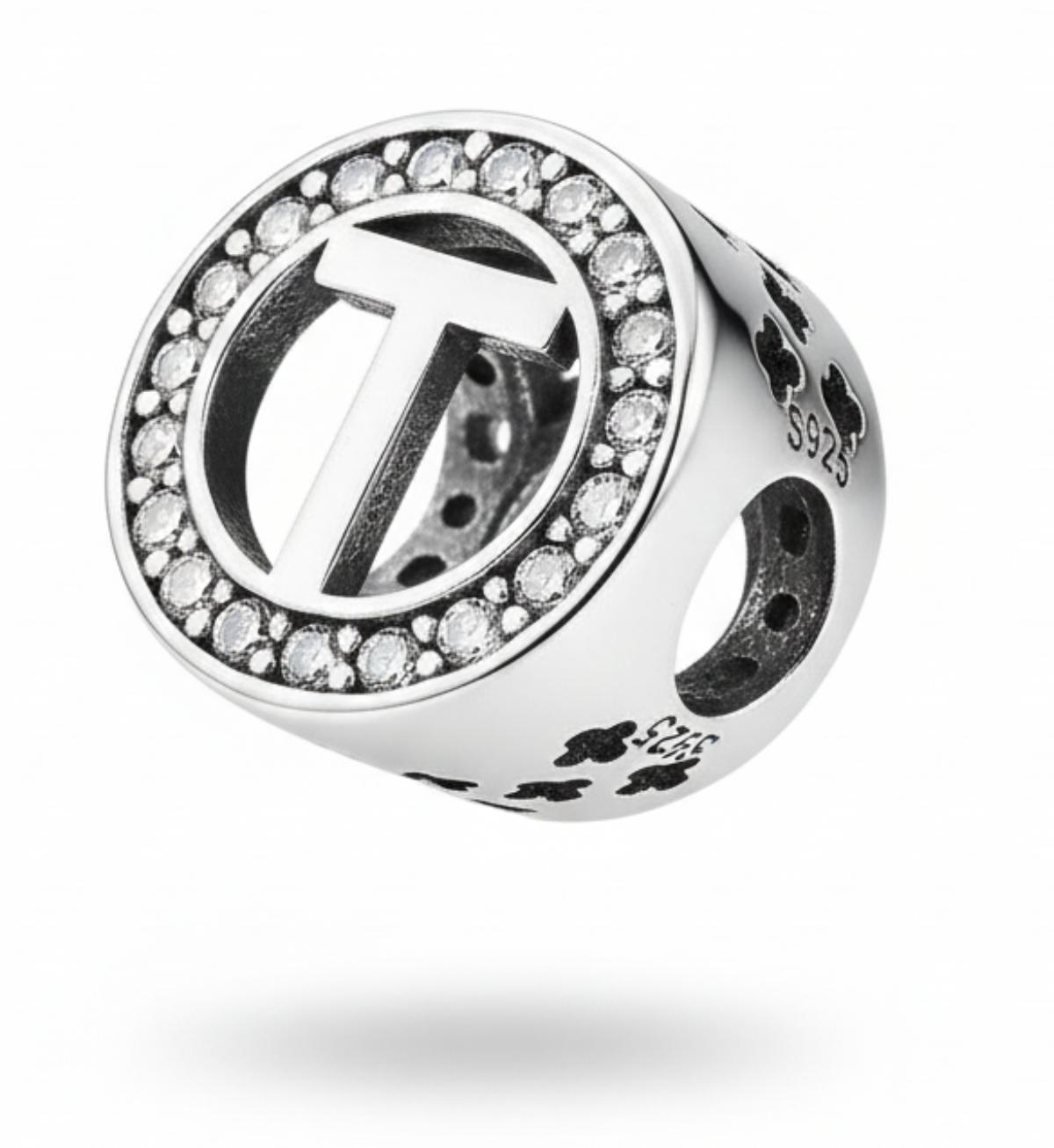 White Silver Pandora Letter T Charm with CZ