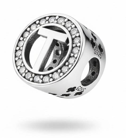 White Silver Pandora Letter T Charm with CZ