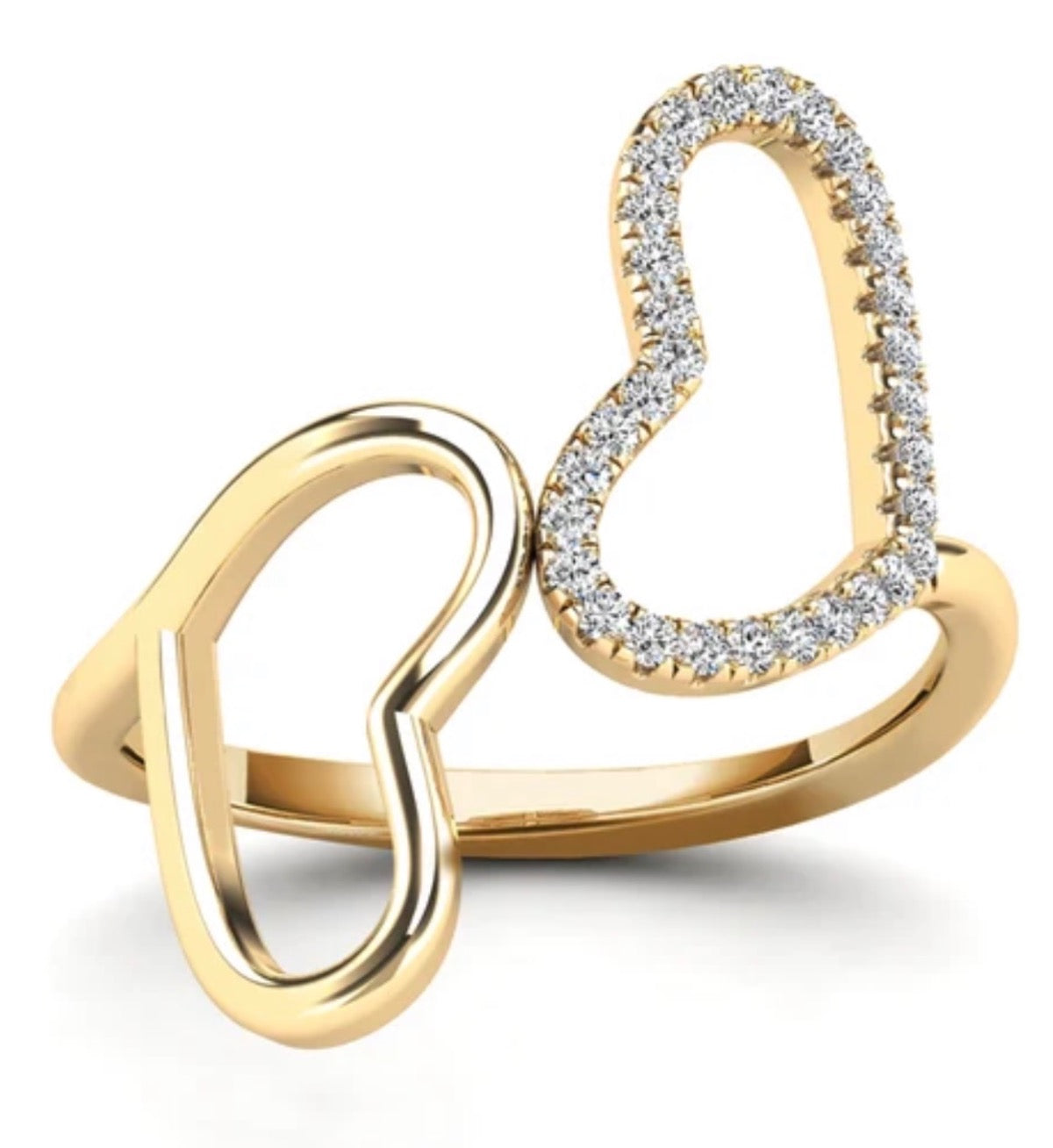 14K Yellow Gold Dubles Heart  Ring with Diamond