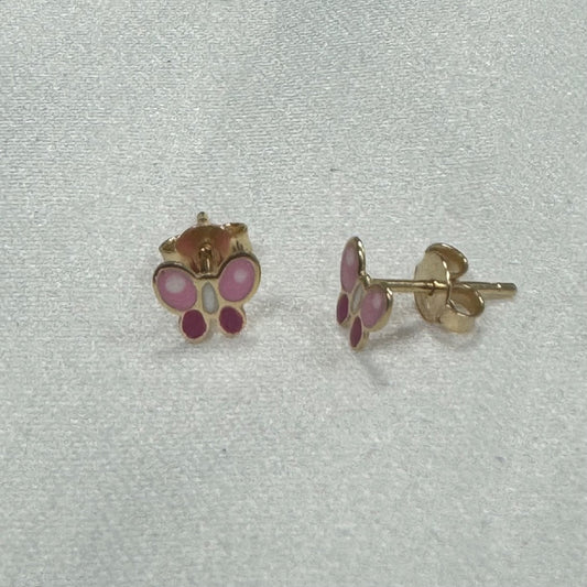 14K Yellow Gold Pink Butterfly  Earring