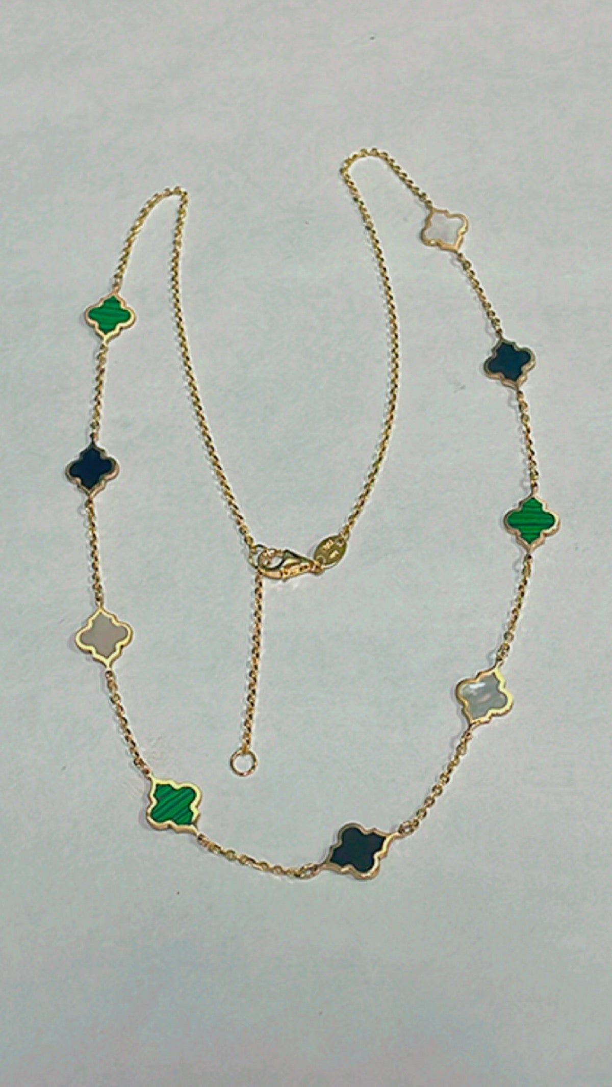 14K Yellow Gold  Necklace with Malachite, Onyx and Mother Of Pearl