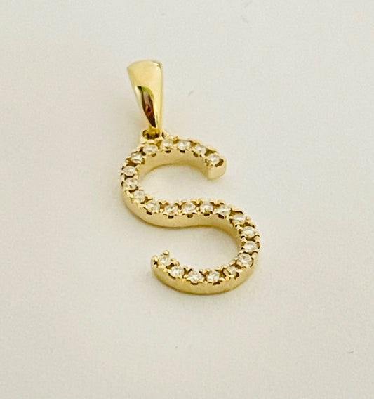14K Yellow Gold Medium Letter S Pendant with Diamond