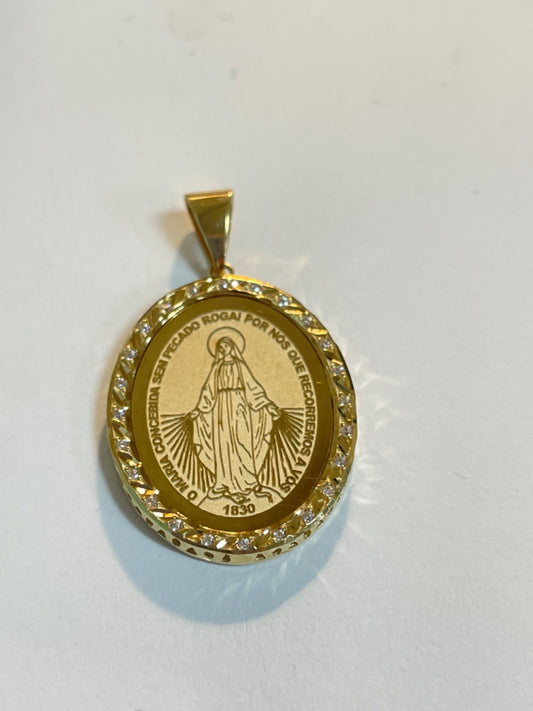 18K Yellow Gold Mary  Pendant with CZ