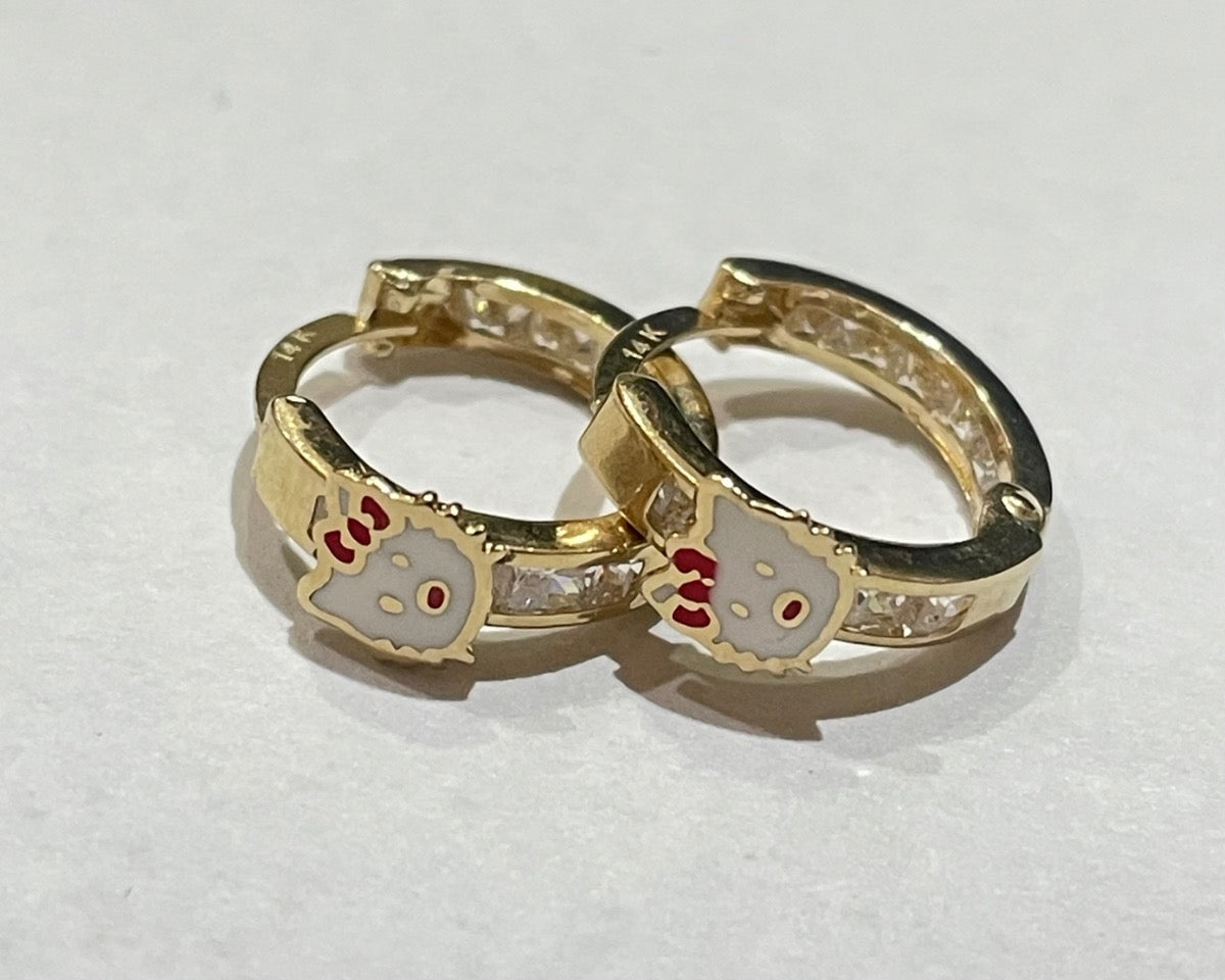 14K Yellow Gold Hoop Hello Kitty Earring with CZ