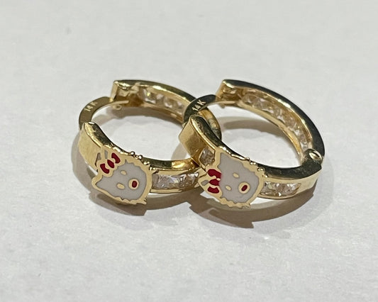 14K Yellow Gold Hoop Hello Kitty Earring with CZ