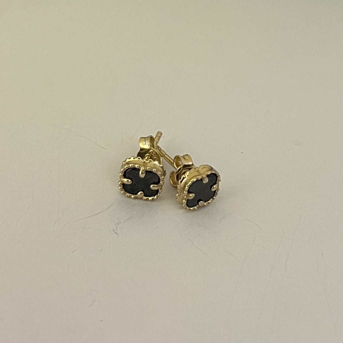 14K Yellow Gold Black Four Leaf Clover  Earring with CZ