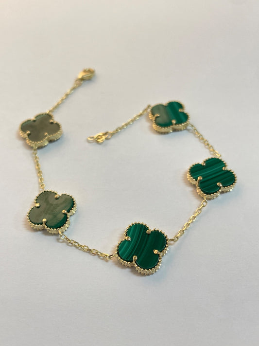 14K Yellow Gold Clover  Bracelet with Malachite