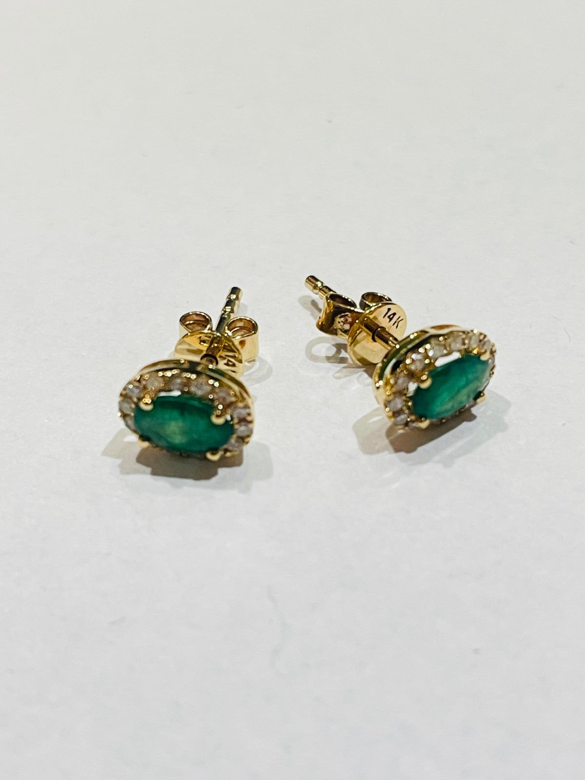 14K Yellow Gold Oval Earring with Diamond and Emerald