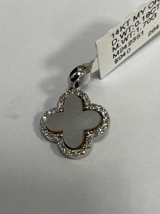 14K White Gold Clover  Charm with Diamond and Mother Of Pearl