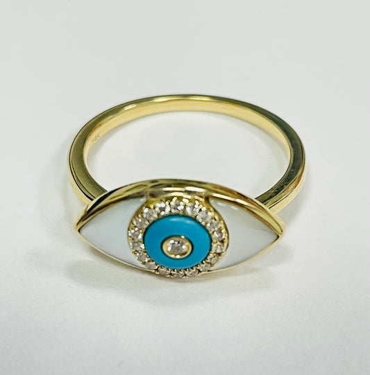 14K Yellow Gold Eye  Ring with Diamond and Mother Of Pearl
