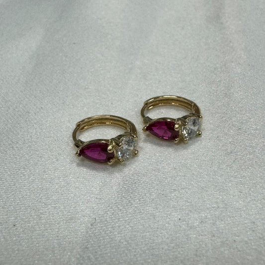 14K Yellow Gold Pink Hoop Earring with CZ