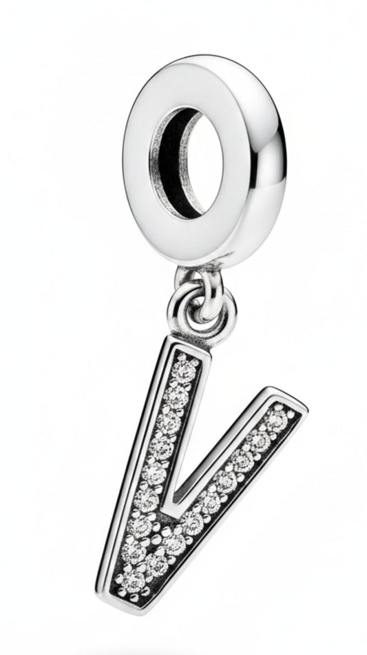 White Silver Pandora Letter V Charm with CZ