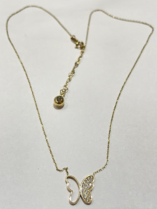 14K Yellow Gold Butterfly  Charm Necklace Set with CZ