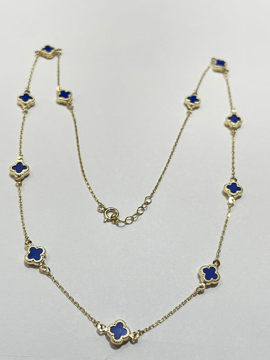 14K Yellow Gold Blue Clover Charm Necklace Set with CZ