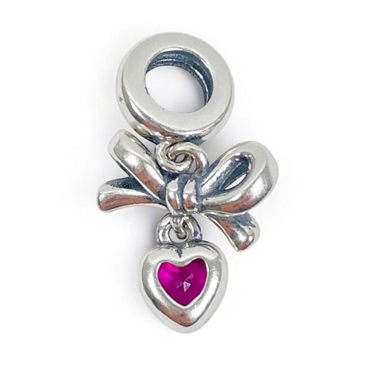 White Silver Bow With Heart Charm with CZ