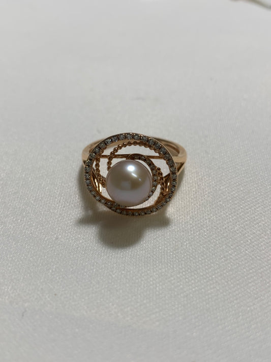 14K Rose Gold  Ring with Pearl and Diamond