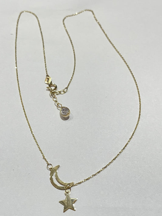14K Yellow Gold Star & Moon Charm Necklace Set with CZ