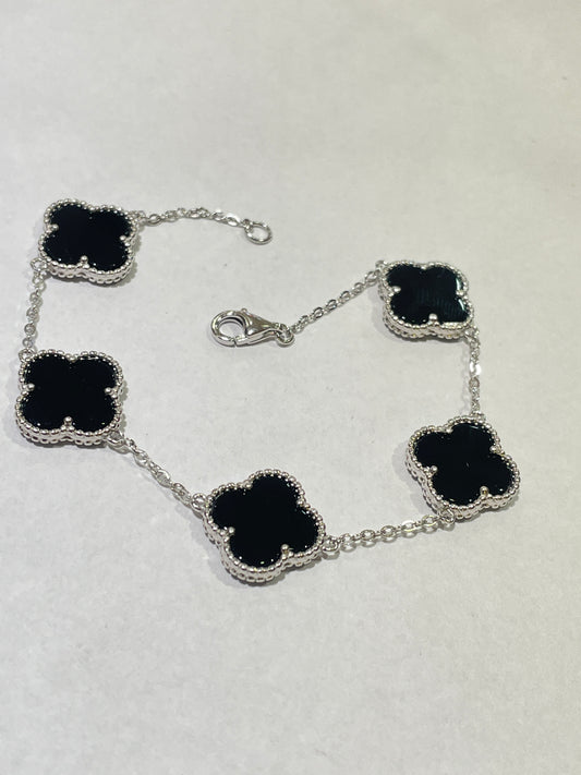 White Silver Clover  Two Color Bracelet with CZ