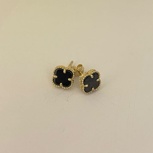 14K Yellow Gold Black Four Leaf Clover  Earring with CZ