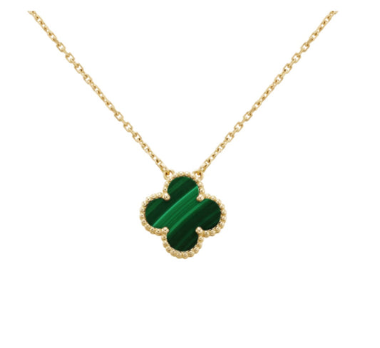18K Yellow Gold Clove  Charm Necklace Set with Malachite