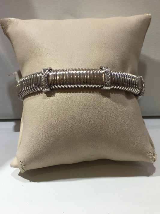 Silver Ribbed Cuff Bracelet with CZ