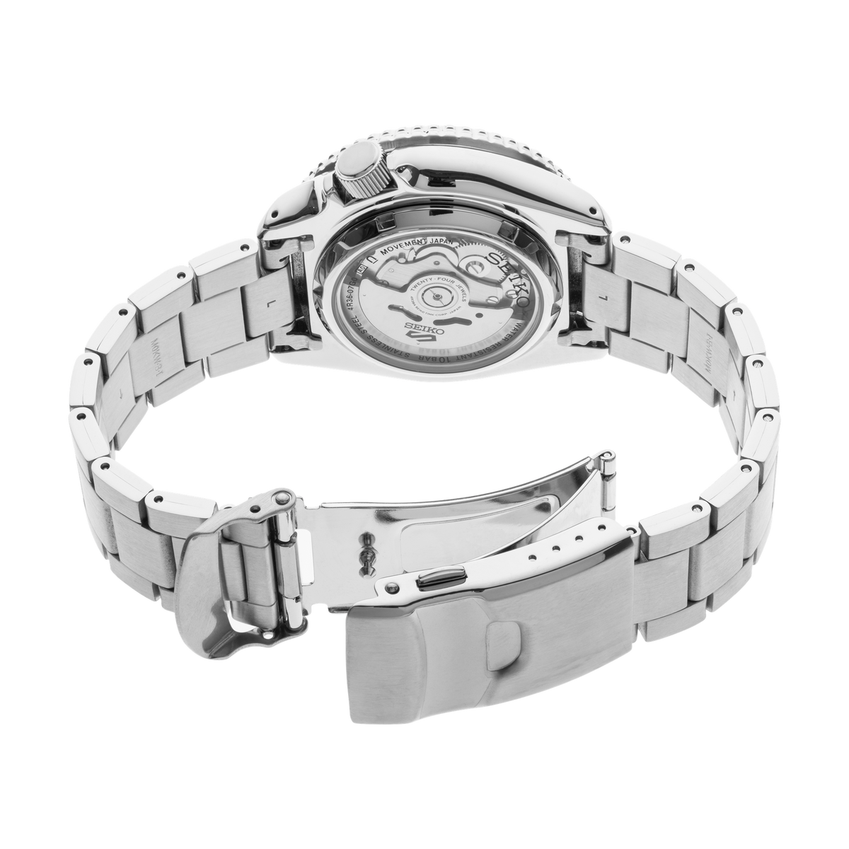 Seiko SRPD55 men's automatic watch with a black dial and stainless steel case and bracelet. — caseback