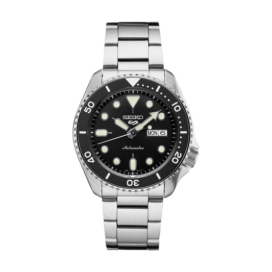 Seiko SRPD55 men's automatic watch with a black dial and stainless steel case and bracelet.