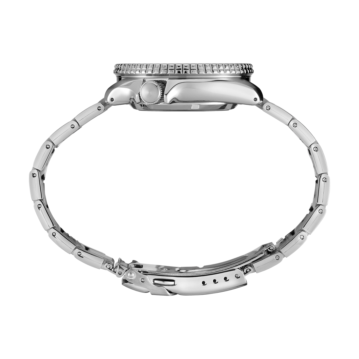 Seiko SRPD55 men's automatic watch with a black dial and stainless steel case and bracelet. — side view