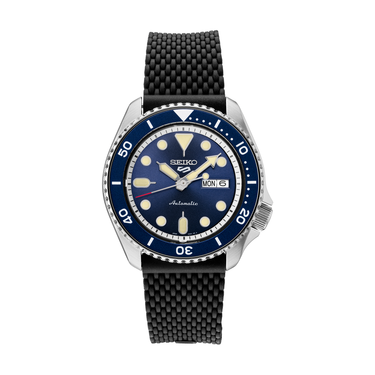 Seiko 5 Sports SRPD93 automatic watch with blue dial and black silicone strap.