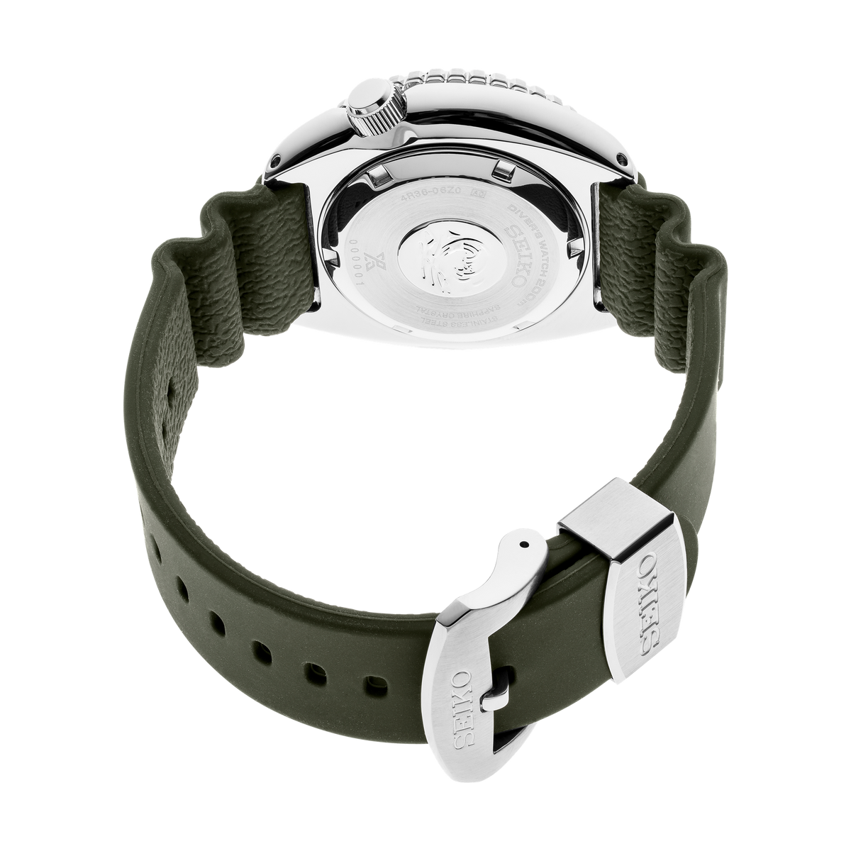 Seiko Prospex SRPE05 men's green dial automatic watch with khaki silicone strap — caseback