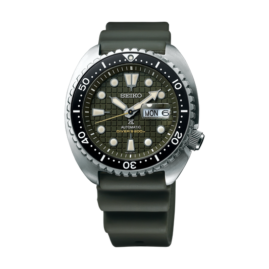 Seiko Prospex SRPE05 men's green dial automatic watch with khaki silicone strap