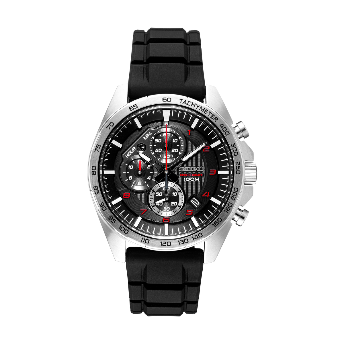 Seiko SSB325 men's quartz chronograph watch with a black silicone strap and black patterned dial.