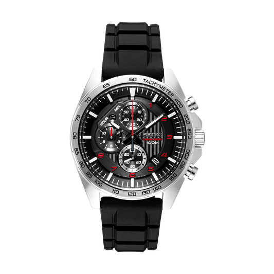 Seiko SSB325 men's quartz chronograph watch with a black silicone strap and black patterned dial.