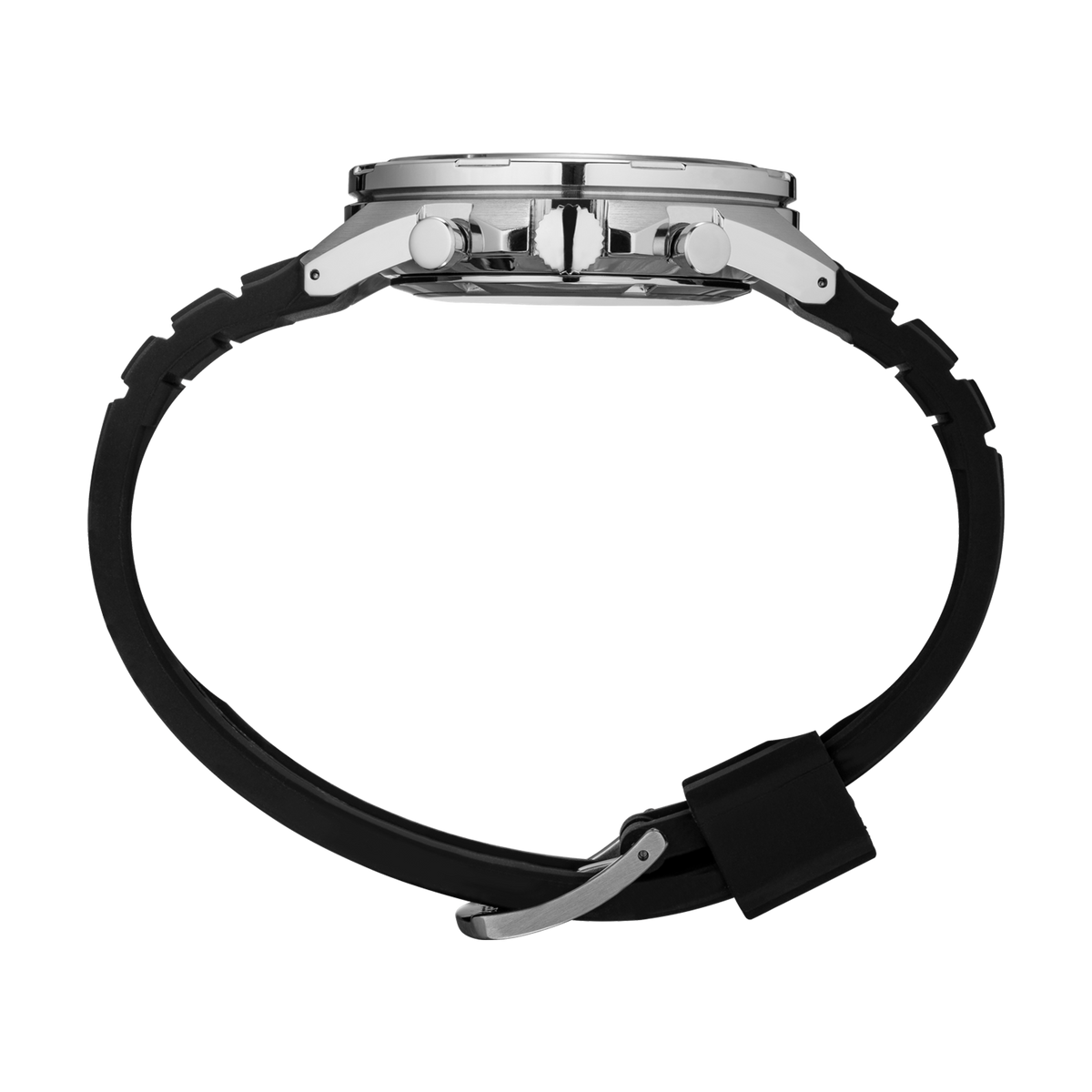 Seiko SSB325 men's quartz chronograph watch with a black silicone strap and black patterned dial. — side view