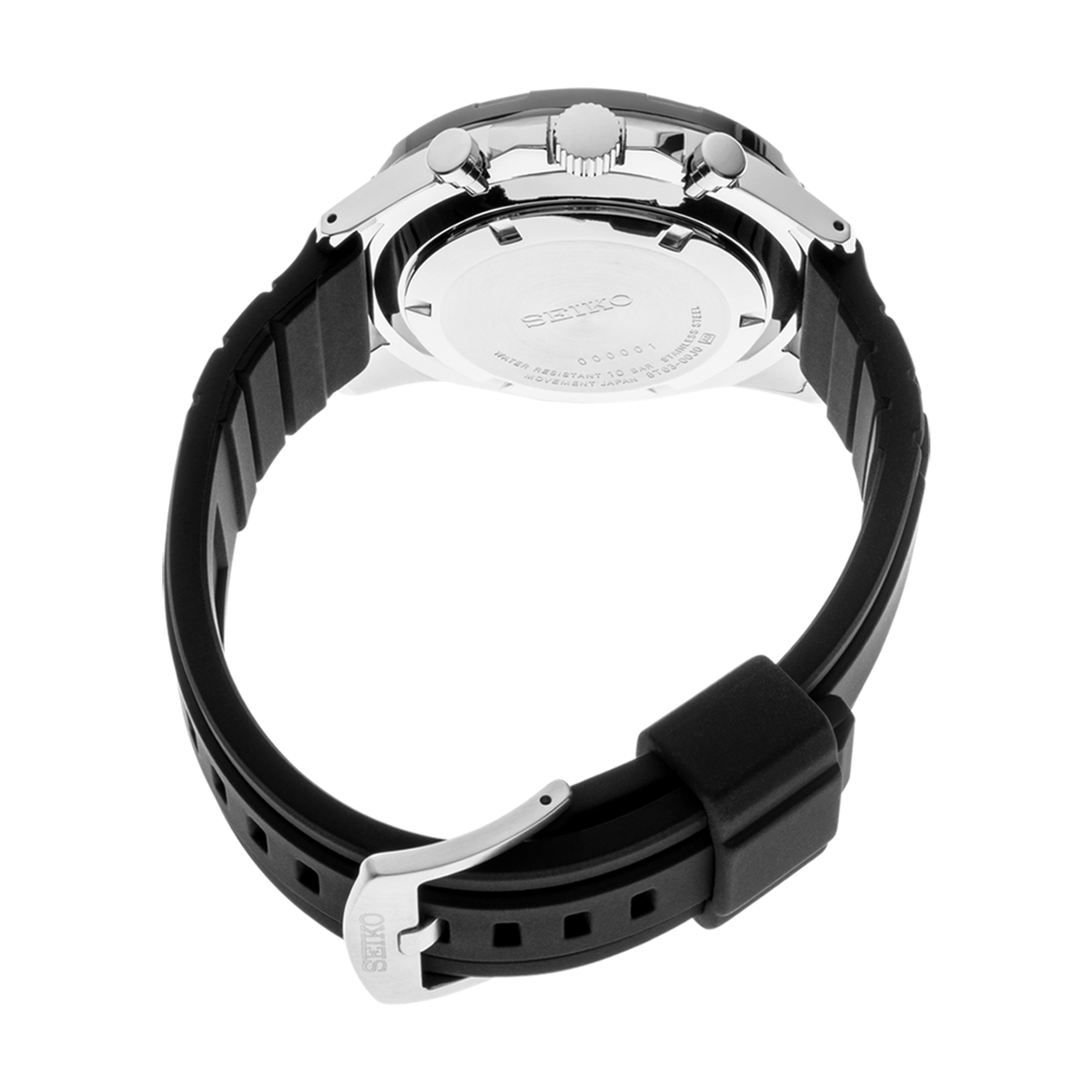 Seiko SSB347 men's chronograph with black dial and black silicone strap — caseback
