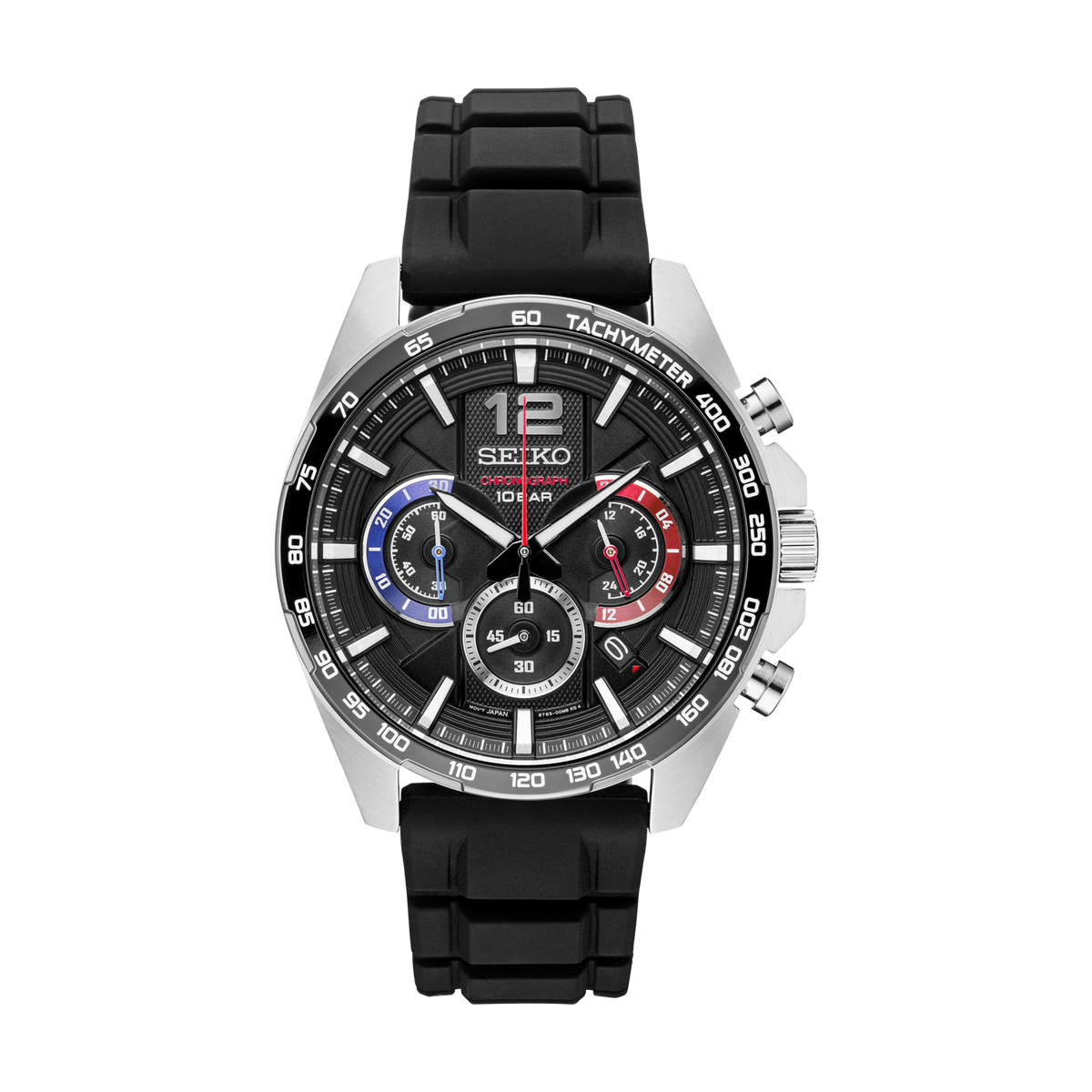 Seiko SSB347 men's chronograph with black dial and black silicone strap