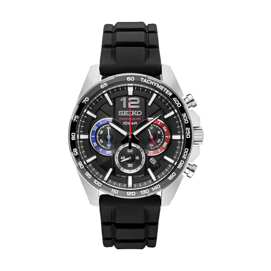 Seiko SSB347 men's chronograph with black dial and black silicone strap