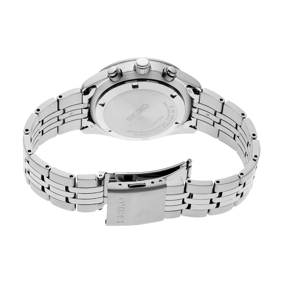 Seiko SSB429 men's quartz chronograph watch with a black dial and stainless steel bracelet. — caseback