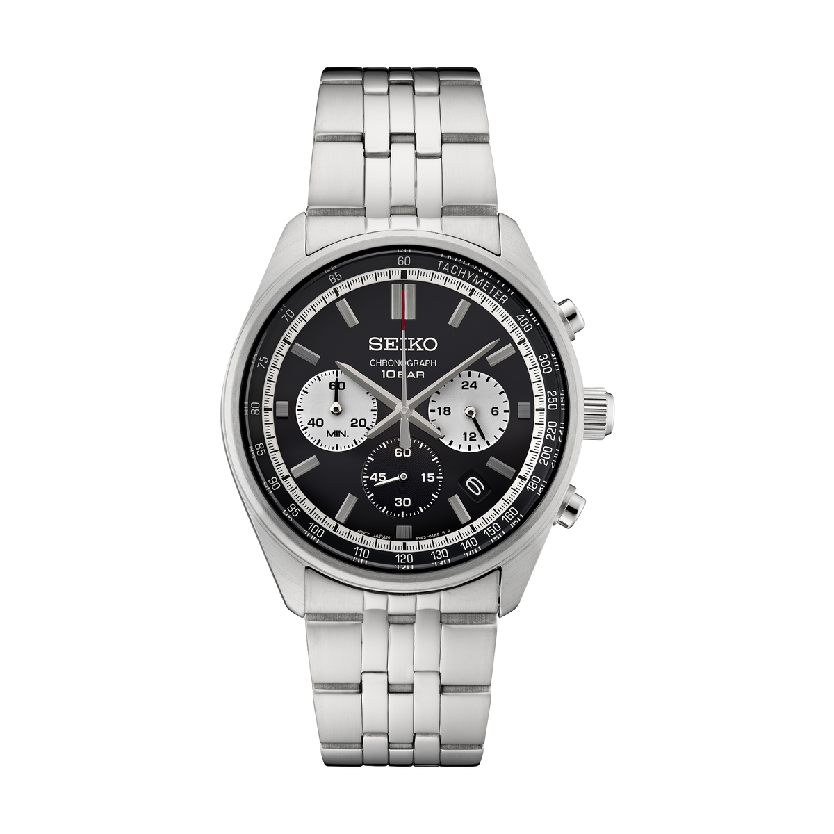 Seiko SSB429 men's quartz chronograph watch with a black dial and stainless steel bracelet.