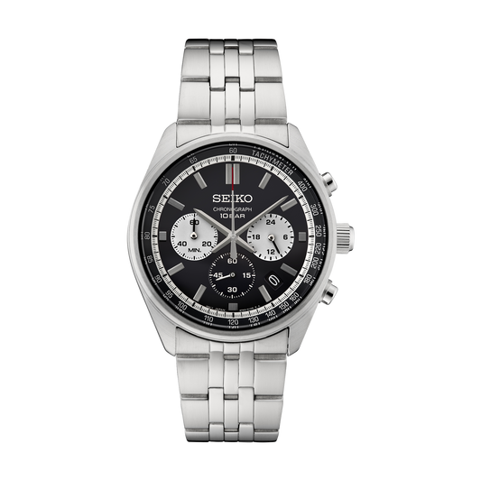 Seiko SSB429 men's quartz chronograph watch with a black dial and stainless steel bracelet.