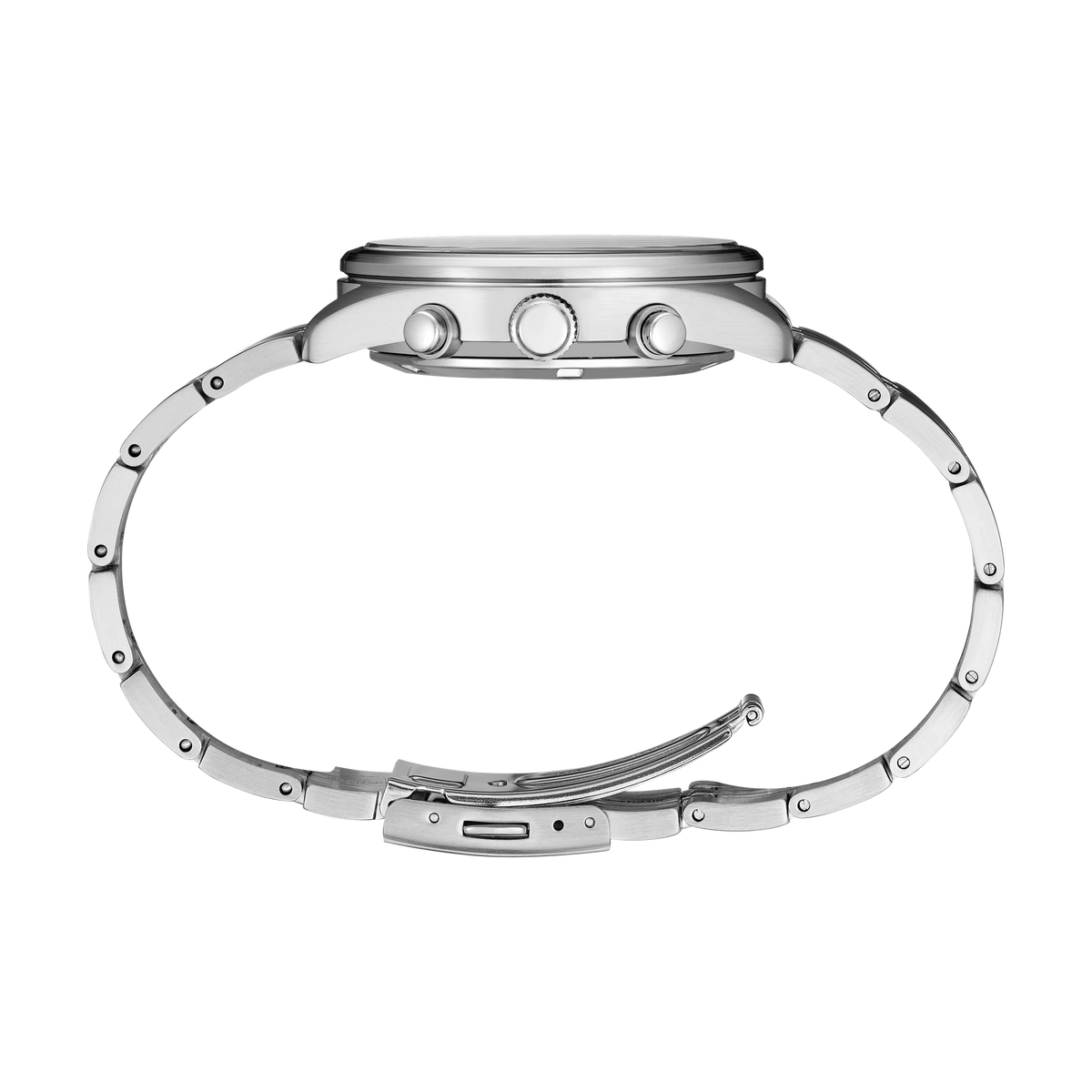 Seiko SSB429 men's quartz chronograph watch with a black dial and stainless steel bracelet. — side view