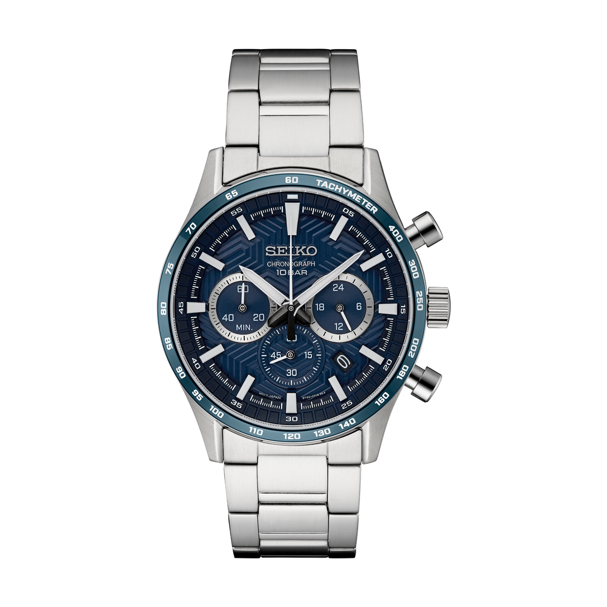 Seiko SSB445 chronograph watch with blue dial and stainless steel bracelet