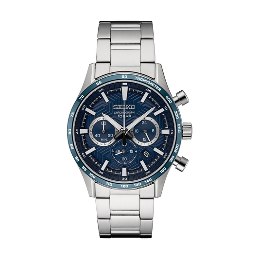 Seiko SSB445 chronograph watch with blue dial and stainless steel bracelet