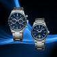 Seiko SSB445 chronograph watch with blue dial and stainless steel bracelet — lifestyle